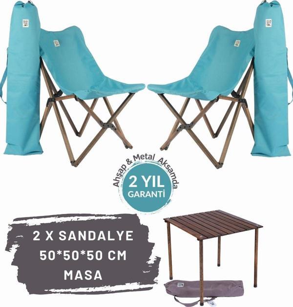 Bag The Joy Ahşap Katlanır Masa Sandalye Seti Antrasit Iskelet Turkuaz Kılıf 50x50x50 Antrasit Masa - Image 1