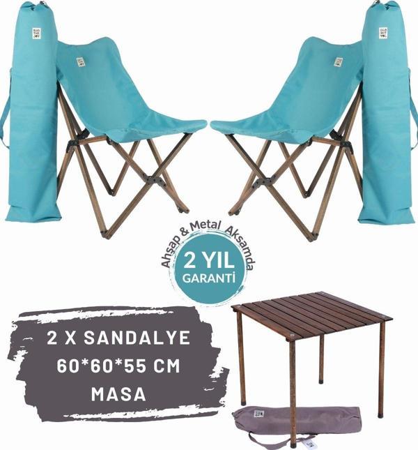 Bag The Joy Ahşap Katlanır Masa Sandalye Seti Antrasit Iskelet Turkuaz Kılıf-60x60x55 Antrasit Masa - Image 1