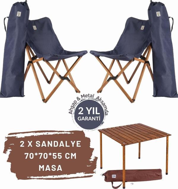 Bag The Joy Ahşap Katlanır Masa Sandalye Seti Kahve Iskelet Lacivert Kılıf 70x70x55 Kahverengi Masa - Image 1