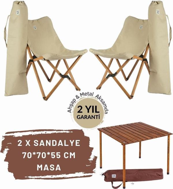 Bag The Joy Ahşap Katlanır Masa Sandalye Seti Kahverengi Iskelet Bej Kılıf -70x70x55 Kahverengi Masa - Image 1
