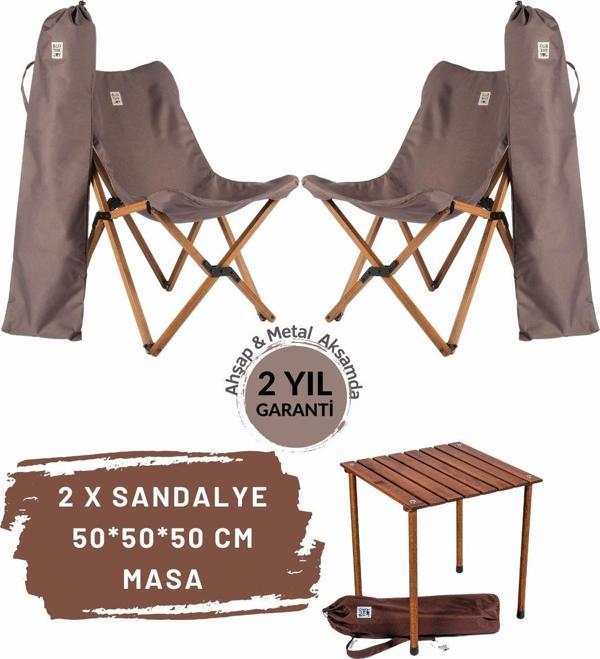 Bag The Joy Ahşap Katlanır Masa Sandalye Seti Kahverengi Iskelet Koyu Grı Kılıf-50x50x50 Kahve Masa - Image 1