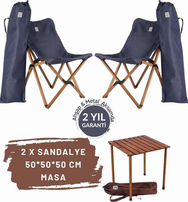 Bag The Joy Ahşap Katlanır Masa Sandalye Seti Kahverengi Iskelet Lacivert Kılıf–50x50x50 Kahve Masa - Image 1