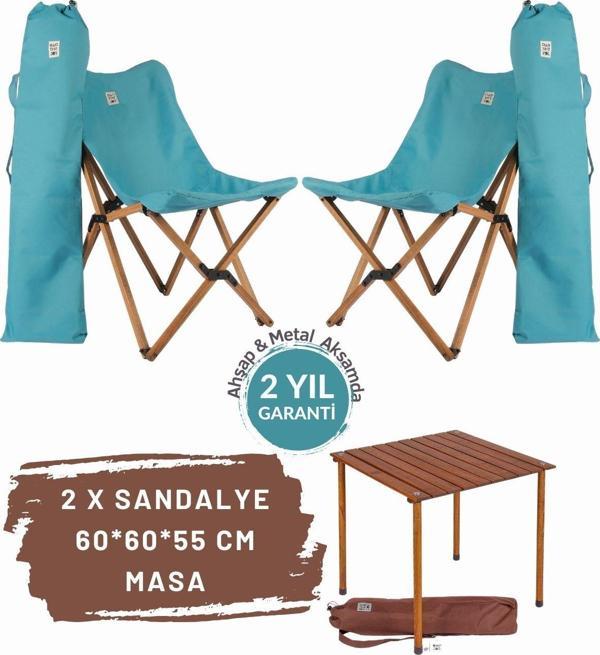 Bag The Joy Ahşap Katlanır Masa Sandalye Seti Kahverengi Iskelet Turkuaz Kılıf - 60x60x55 Kahve Masa - Image 1