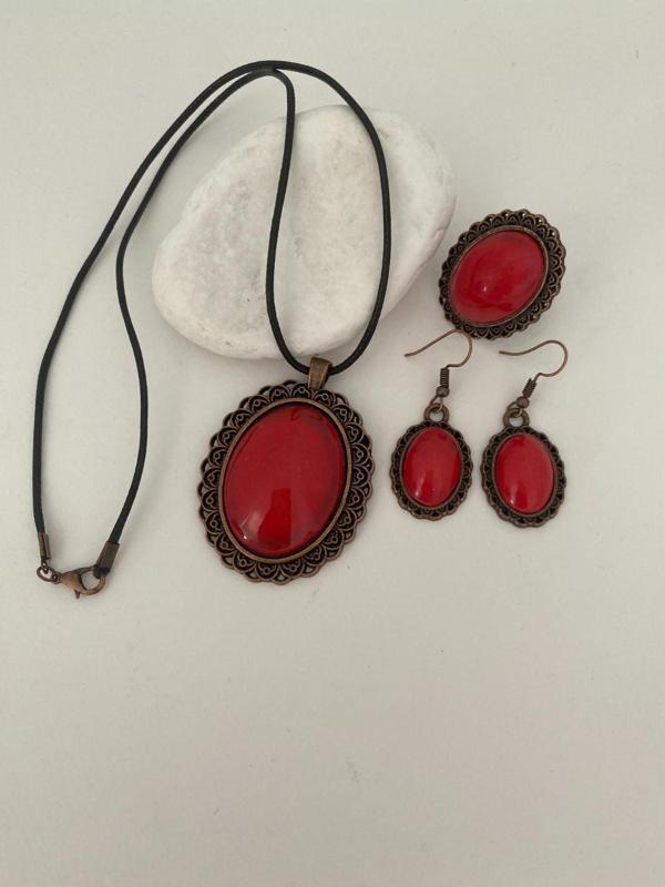 Hediyem Evime İznik Çini Set Kolye Küpe Yüzük Otantik El Boyaması Kırmızı Renk Deri İpli - Image 1