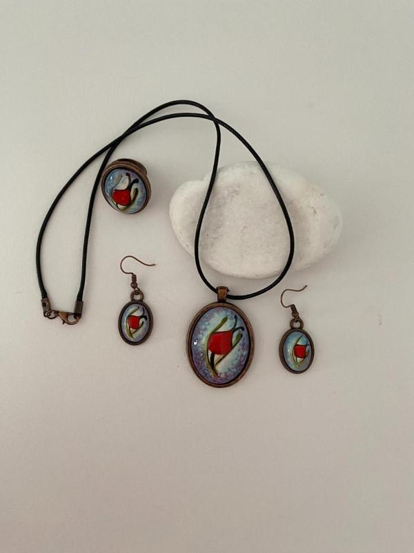 Hediyem Evime İznik Çini Set Kolye Küpe Yüzük Otantik El Boyaması Lale Figürlü Model Deri İpli - Image 1