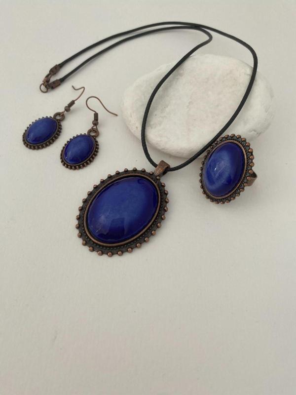 Hediyem Evime İznik Çini Set Kolye Küpe Yüzük Otantik El Boyaması Mavi Renk Deri İpli - Image 1