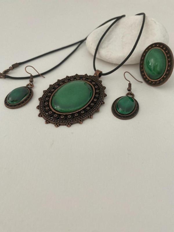 Hediyem Evime İznik Çini Set Kolye Küpe Yüzük Otantik El Boyaması Yeşil Renk Deri İpli - Image 1