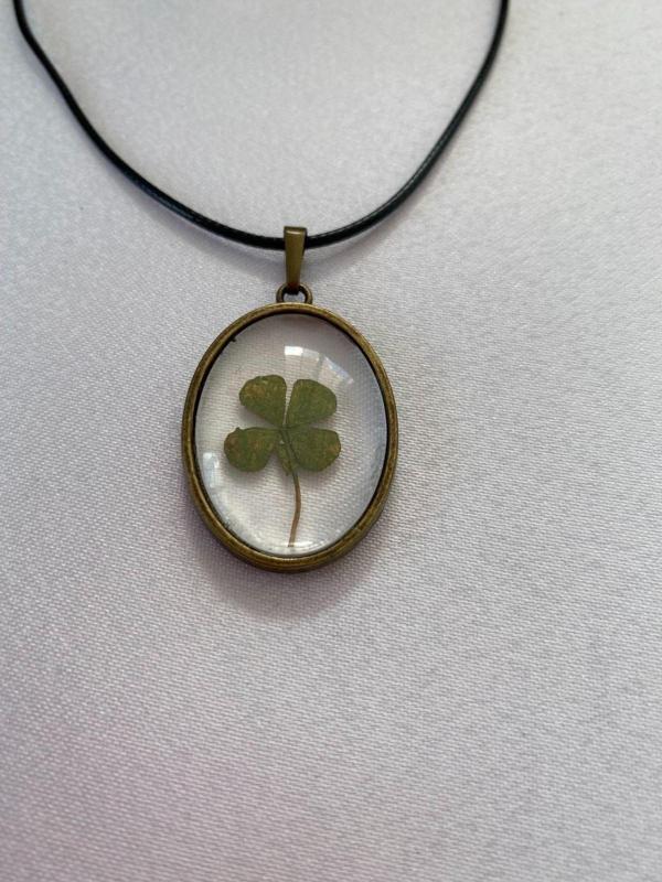 Hediyem Evime Kurutulmuş Dört Yapraklı Yonca Figürlü Kolye Siyah Deri Ipli - Image 1