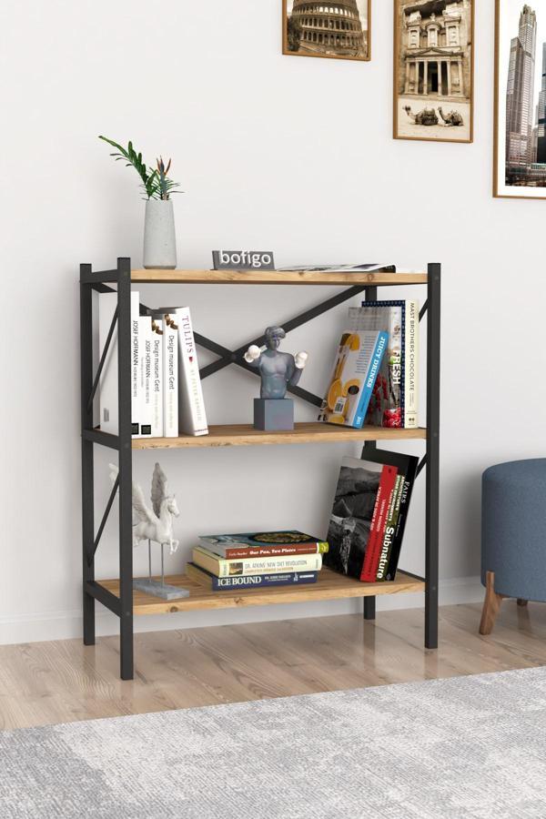 Bofigo Dekoratif 3 Raflı Kitaplık Metal Kitaplık Çam - Image 1