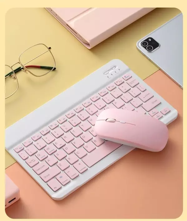 Qpart 5  Mini Taşınabilir Kablosuz Bluetooth Klavye Mouse Seti Taşınabilir Ingilizce Q Klavye Pembe - Image 1