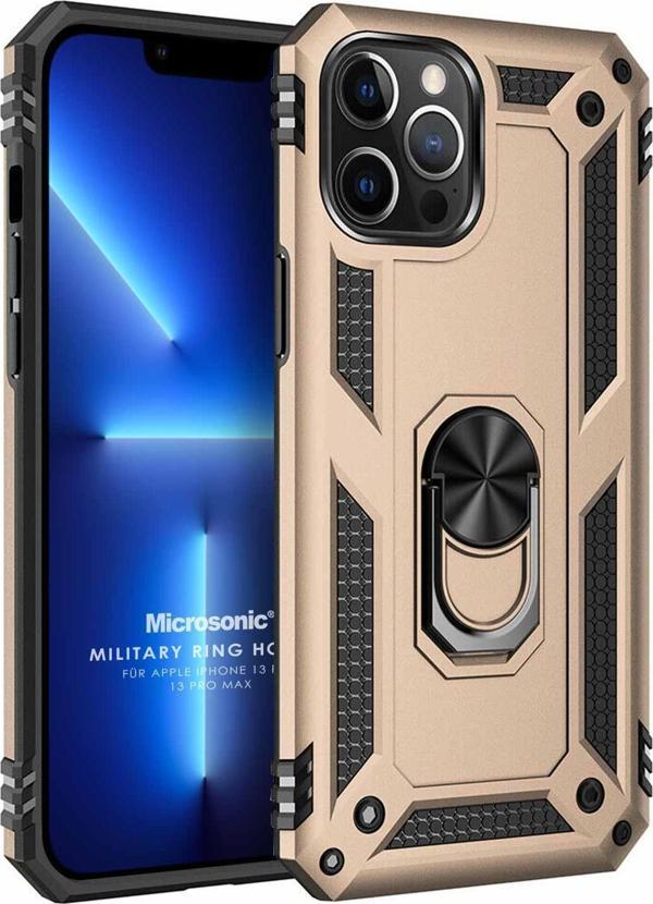 Microsonic Apple iPhone 13 Pro Max Kılıf Military Ring Holder Gold - Image 1