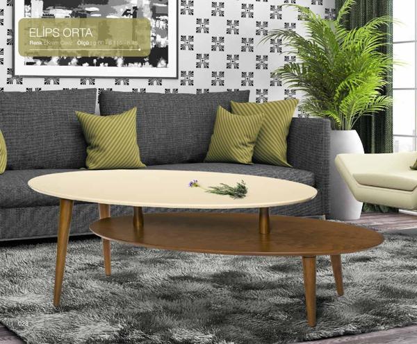 Orta sehpa 17604 OSM ELİPS Model Sehpa Parlak Ceviz Krem Kayın torna ayak El Yapı - Image 1