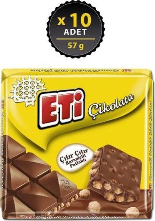Eti Çikolata Karamelli Patlaklı Sütlü Kare 57 gr x 10 Adet - Image 1