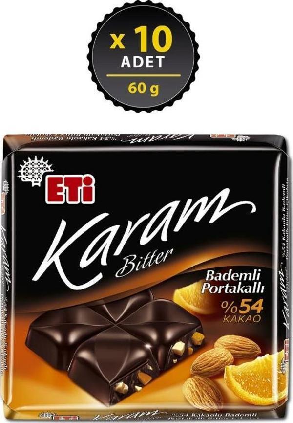 Eti Karam %54 Kakaolu Bademli Portakallı Bitter Çikolata 60 gr x 10 Adet - Image 1