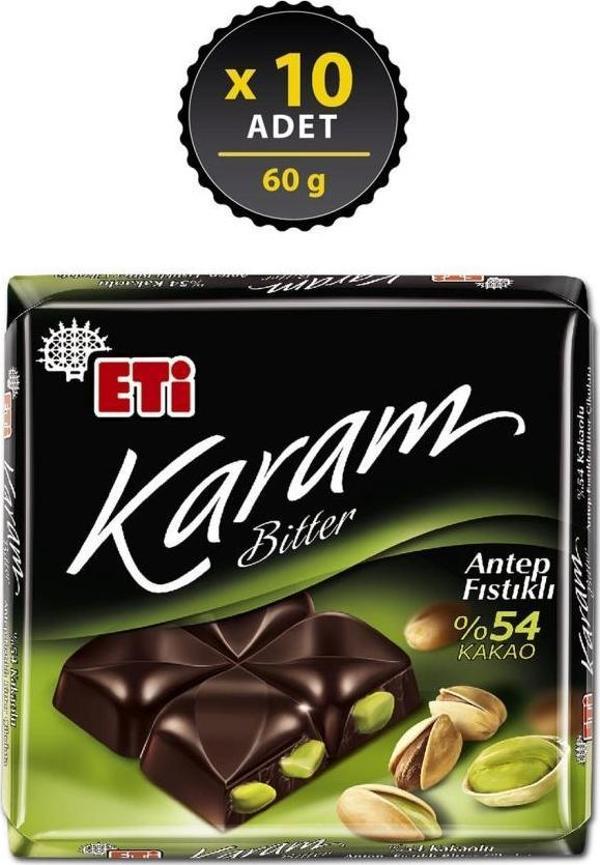 Eti Karam Antep Fıstıklı Kakaolu Bitter Çikolata 60 gr x 10 Adet - Image 1