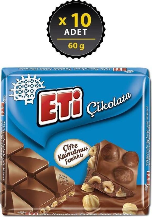 Eti Çikolata Çifte Kavrulmuş Fındıklı Sütlü Kare 60 gr x 10 Adet - Image 1