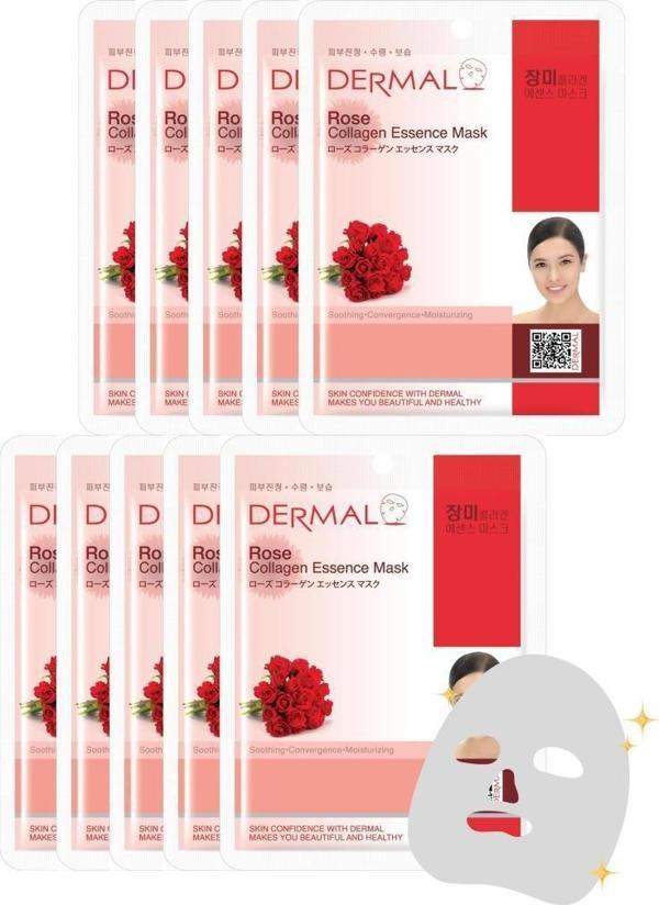 Dermal 10'lu Gül Özlü Kolajen Tek Kullanımlık  Cilt Bakım Maskeleri - Image 1