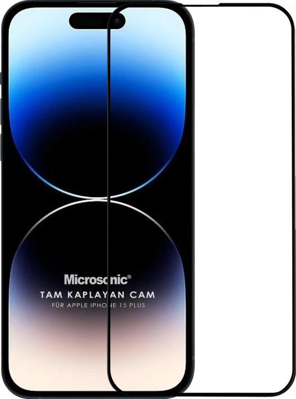 Microsonic Apple iPhone 15 Plus Tam Kaplayan Temperli Cam Ekran Koruyucu Siyah - Image 1