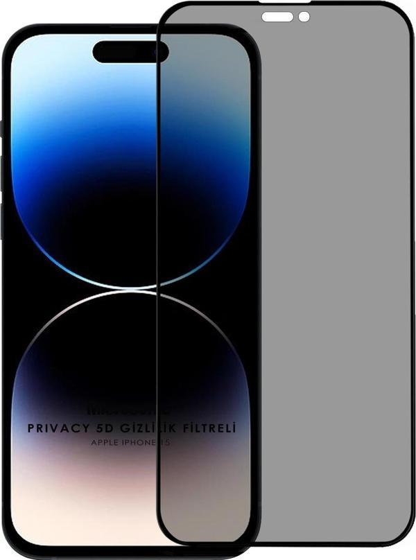 Microsonic Apple iPhone 15 Privacy 5D Gizlilik Filtreli Cam Ekran Koruyucu Siyah - Image 1