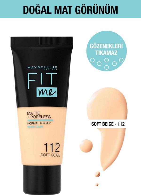 Maybelline New York Fit Me Matte+Poreless Fondöten - 112 Soft Beige - Image 1