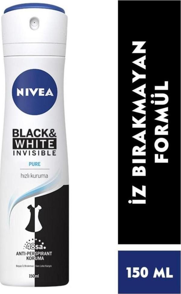 Kadın Sprey Deodorant Black&white Invisible Pure 150ml, 48 Saat Anti-perspirant Ter Koruması - Image 1
