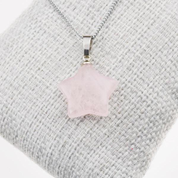 Taşta Moda Pembe Kuvars Taşı Yıldız Kolye-Kararmaz Zincirli - Image 1