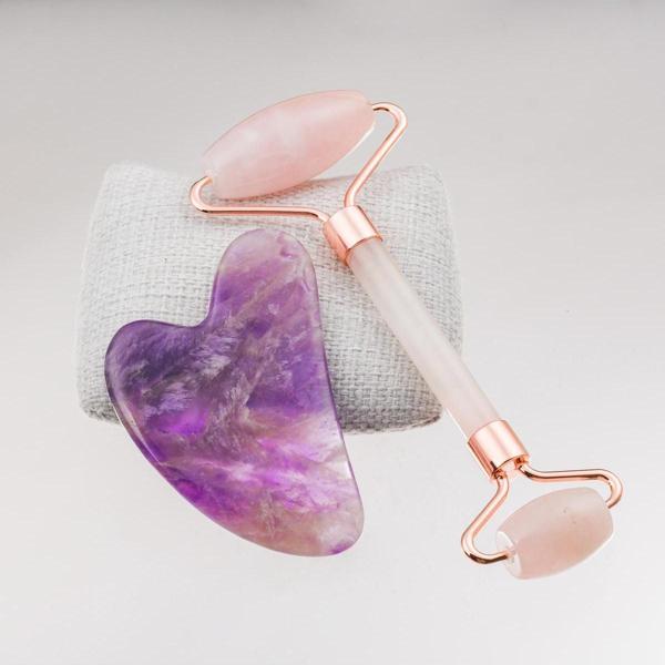 Taşta Moda Pembe Kuvars Ve Ametist Taşı Masaj Aleti Seti-Roller Ve Gua Sha - Image 1