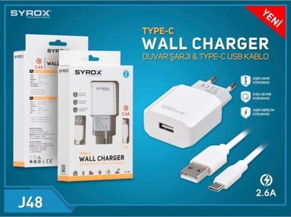 Syrox Type C Hızlı Şarj Cihazı 2.6A Beyaz J48 - Image 1