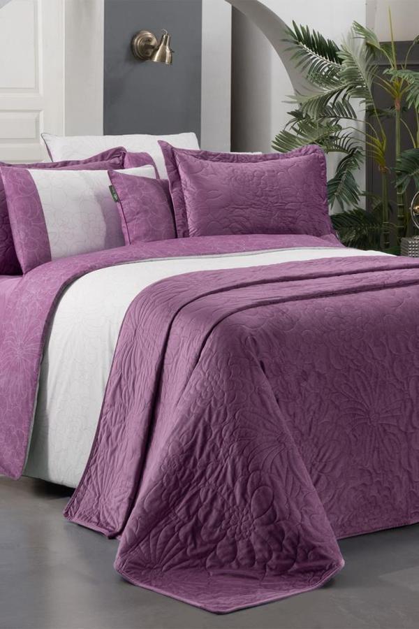 Sarev Floris Mor Çift Kişilik %100 Pamuk Nevresim Takımı ve Yatak Örtüsü Seti - Image 1