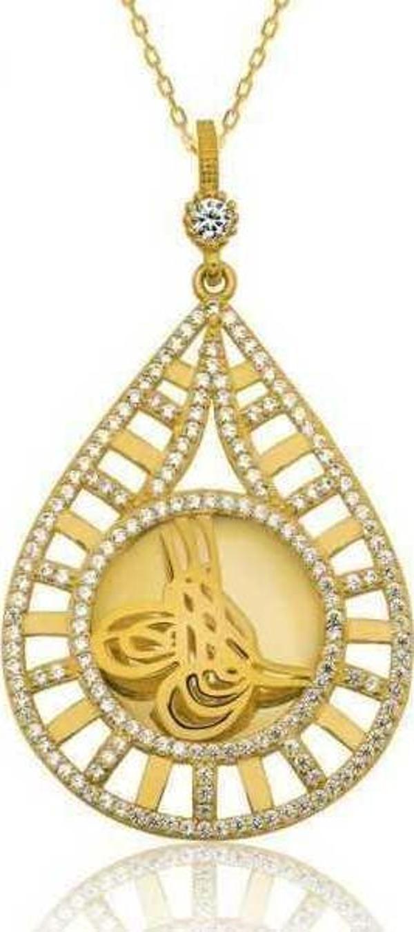 himarry 925 Ayar Gümüş Damla Tuğralı Altın Kaplama Kadın Gümüş Kolye - Image 1