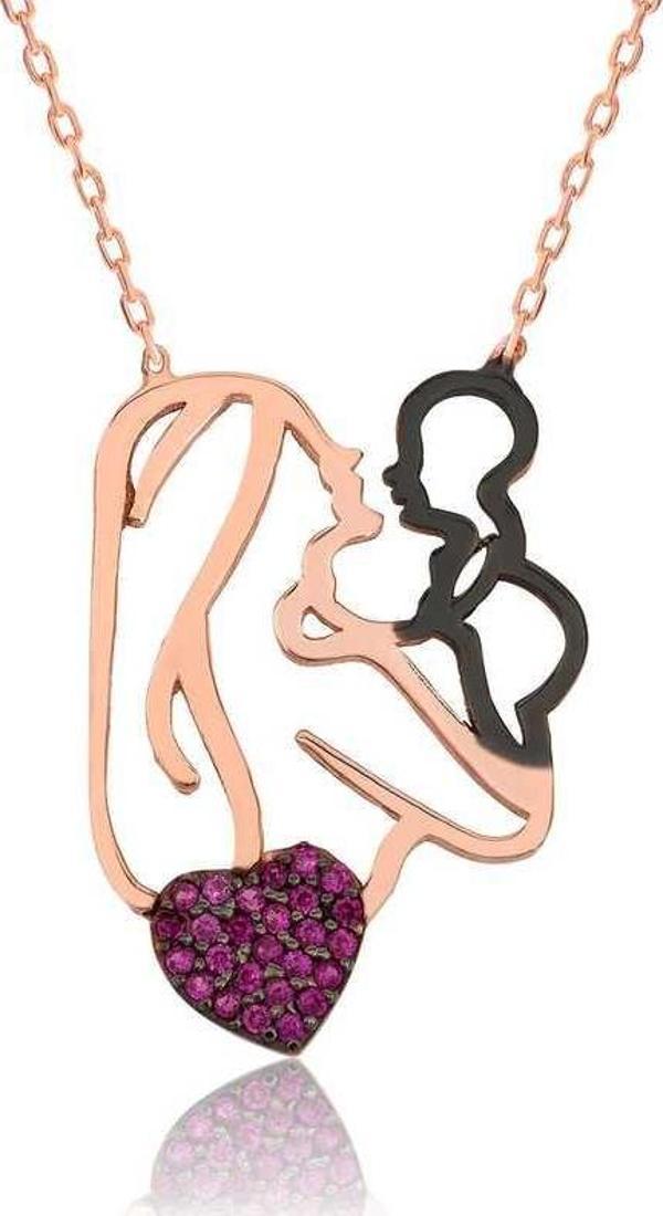 himarry 925 Ayar Gümüş Kalpli Anne Çocuk Gümüş Kolye - Image 1