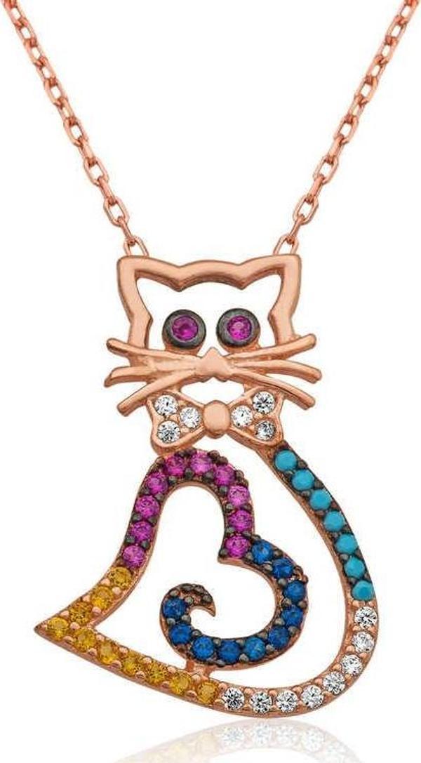 himarry 925 Ayar Gümüş Kalpli Kedi Kadın Gümüş Kolye - Image 1