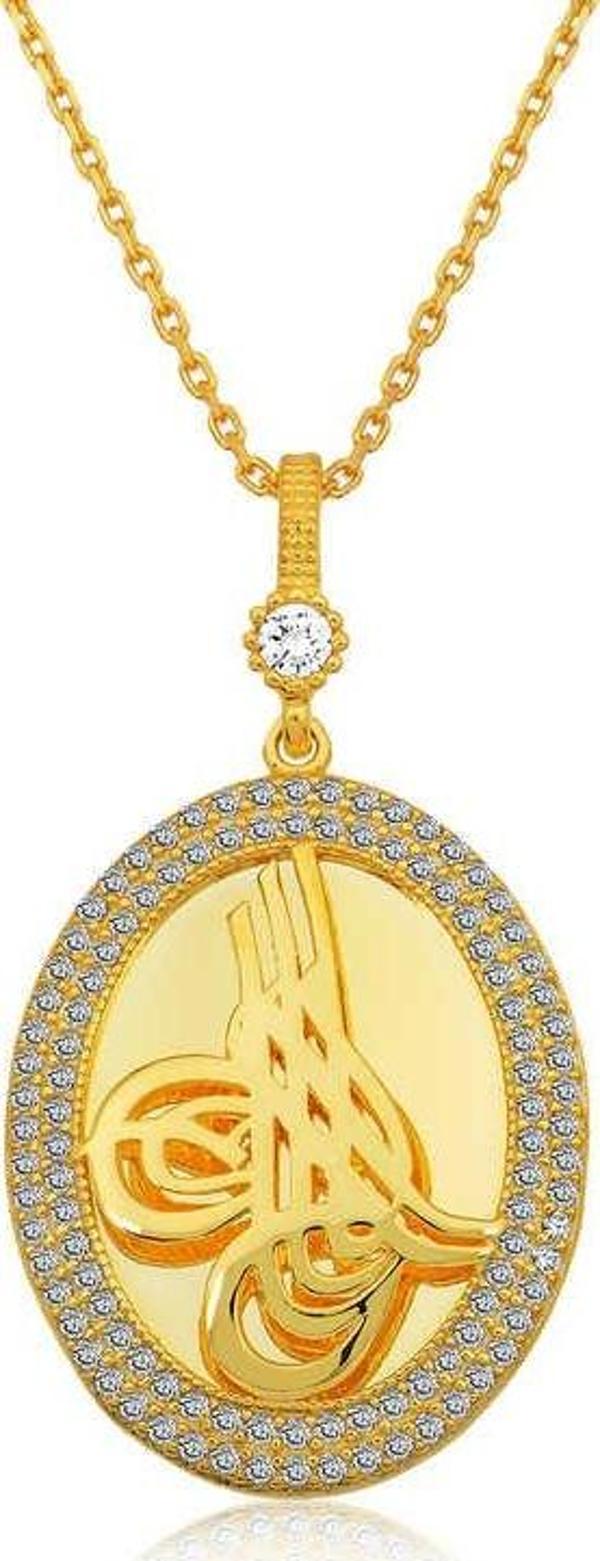 himarry 925 Ayar Gümüş Tuğralı Oval Bayan Gümüş Kolye - Image 1