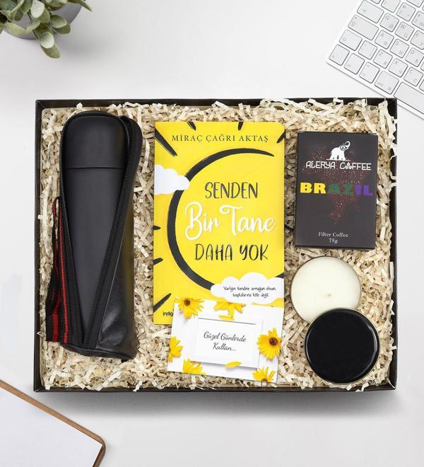 Siyah Deri Çantalı Termos & Alerya Filtre Kahve & Siyah Metal Kutulu Mum & Senden Bir Tane Daha Yok Kitap Hediye Seti - Image 1
