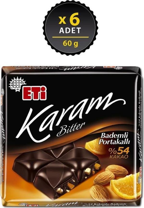 Eti Karam Bademli Portakallı Kakaolu Bitter Çikolata 60 g x 6 Adet - Image 1