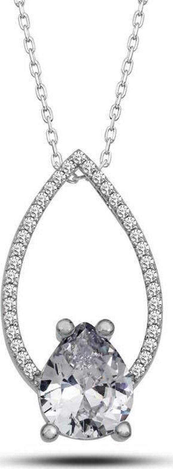 himarry 925 Ayar Gümüş Beyaz Taşlı Damla Kadın Gümüş Kolye - Image 1