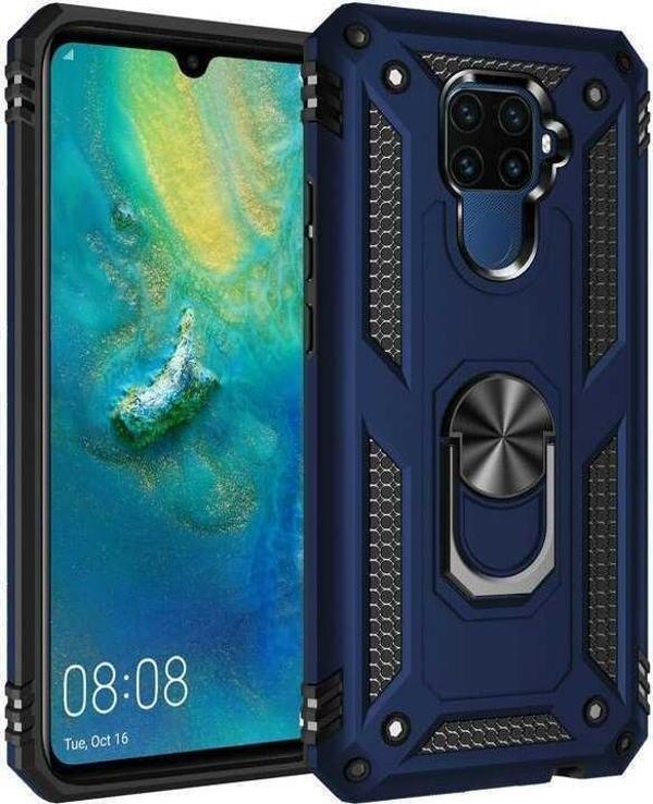 Zore Mate 30 Lite ile Uyumlu Yüzüklü Standlı Zırhlı Silikon Kılıf Lacivert - Image 1