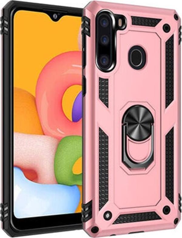 Zore Galaxy A21 ile Uyumlu Yüzüklü Standlı Zırhlı Silikon Kılıf Rose Gold - Image 1