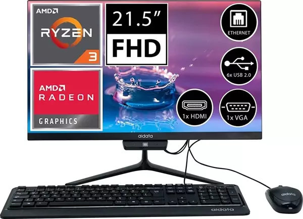 AIDATA AIO R3200-825600X AMD RYZEN 3 3200U 8GB 256GB SSD 21.5'' KLAVYE+MOUSE FREEDOS - Image 1