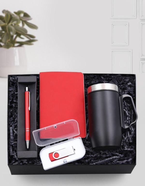 Trendmiya 280 Ml Kulplu Çelik Termos-Kırmızı Tükenmez Kalem-Kırmızı Mini Not Defteri-32 Gb Usb Hediye Seti - Image 1