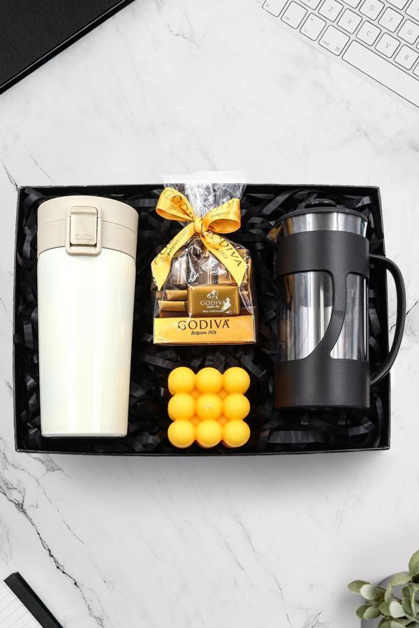Trendmiya 350 Ml Kilitli Beyaz Termos & French Press & Godiva Napoliten Çikolata & Turuncu Mum Hediye Seti - Image 1