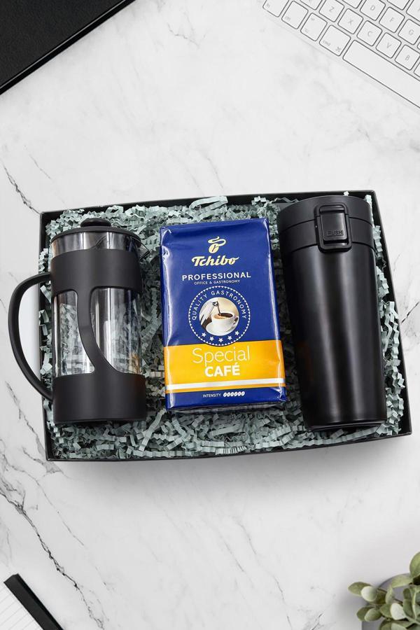 Trendmiya 350 Ml Kilitli Siyah Çelik Termos & Siyah French Press & Tchibo Special Filtre Kahve Hediye Seti - Image 1