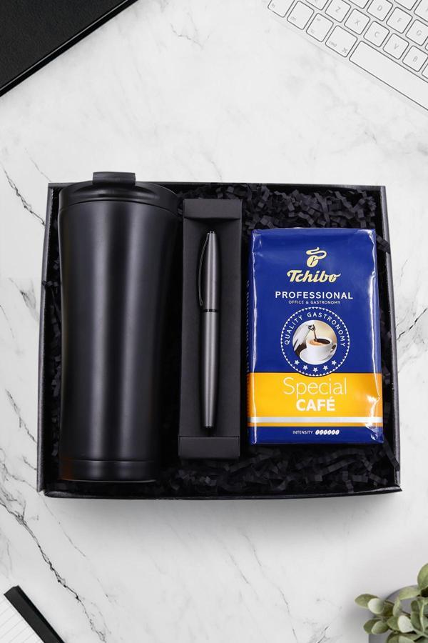 Trendmiya 500 Ml Çelik Termos & Gri Metalik Roller Kalem & 250 Gram Tchibo Special Filtre Kahve Hediye Seti - Image 1