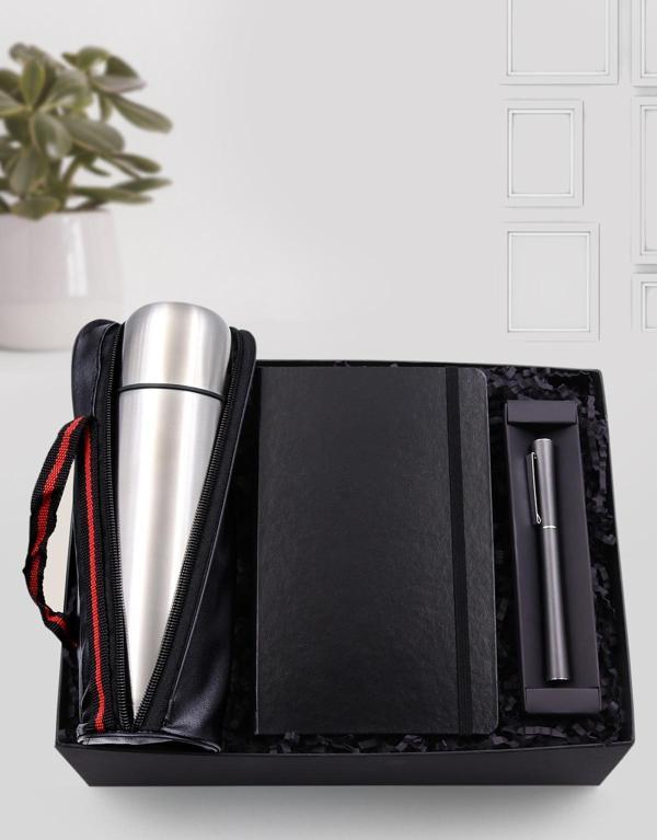 Trendmiya 500 Ml Deri Çantalı Gri Çelik Termos & Siyah Defter & Gri Renk Roller Kalem Hediye Seti - Image 1