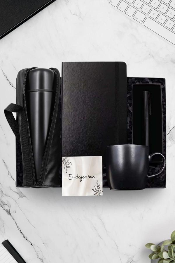 Trendmiya 500 Ml Deri Çantalı Termos & Siyah Kupa & Siyah Defter & Siyah Roller Kalem Hediye Seti - Image 1