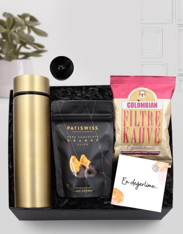 Trendmiya 500 Ml Gold Dereceli Termos & Patiswiss Bitter Portakal Dilimi & Colombian Filtre Kahve Hediye Seti - Image 1