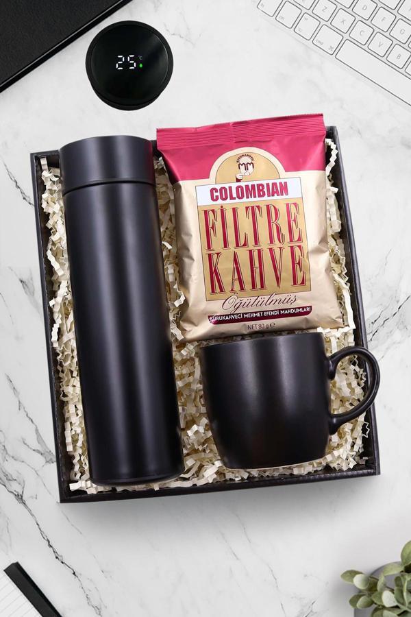 Trendmiya 500 Ml Siyah Dereceli Termos & Siyah Modern Kupa & Colombian Taze Filtre Kahve Hediye Seti - Image 1