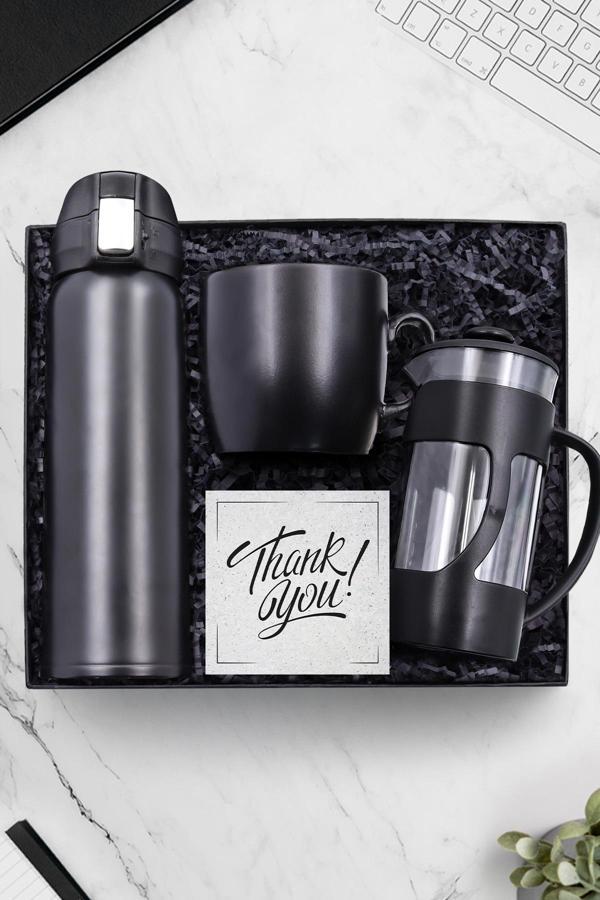 Trendmiya 500 Ml Siyah Kilitli Çelik Termos & Siyah French Press & Siyah Kupa Hediye Seti - Image 1