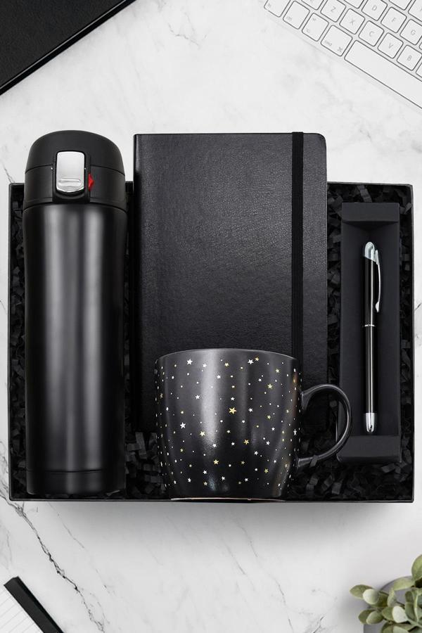 Trendmiya 500 Ml Siyah Kilitli Termos-Yıldız Desenli Kupa-Siyah Defter-Gümüş Detaylı Roller Kalem Hediye Seti - Image 1
