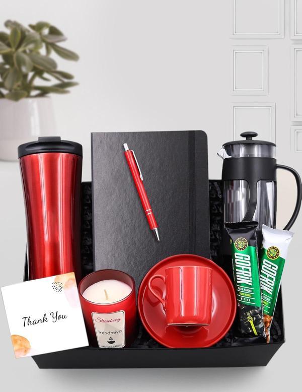 Trendmiya 500Ml Çelik Termos-Defte-Tükenmez Kalem-French Press-Fincan-Çilek Kokulu Bardak Mum & 2'Li Gofrik - Image 1